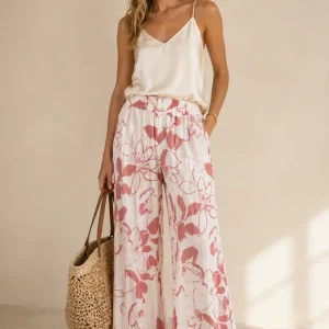 Leinenhose „Floral“ Weiß | Koralle